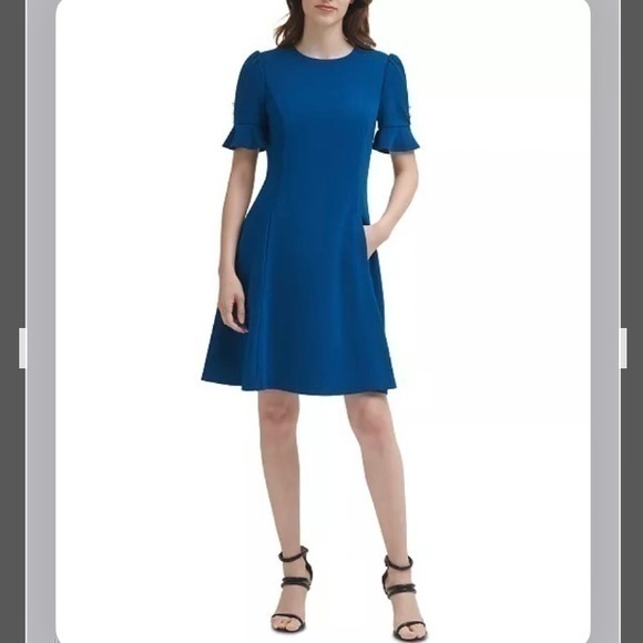 Dkny Dresses & Skirts - DKNY Button Sleeve Flounce Fit & Flare Dress in Blue Size 4